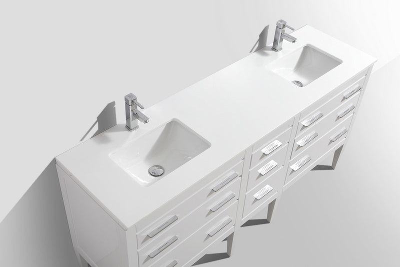 Kube Bath Eiffel 72'' Double Sink High Gloss White Vanity W/ Quartz Counter Top - E72-GW