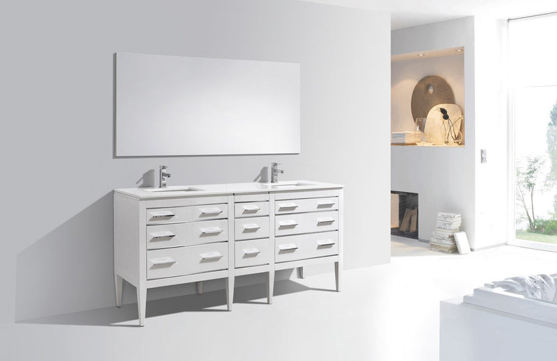 Kube Bath Eiffel 72'' Double Sink High Gloss White Vanity W/ Quartz Counter Top - E72-GW