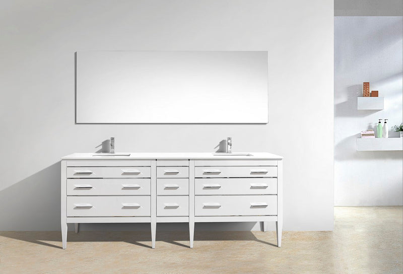 Kube Bath Eiffel 82'' Double Sink High Gloss White Vanity W/ Quartz Counter Top - E84-GW