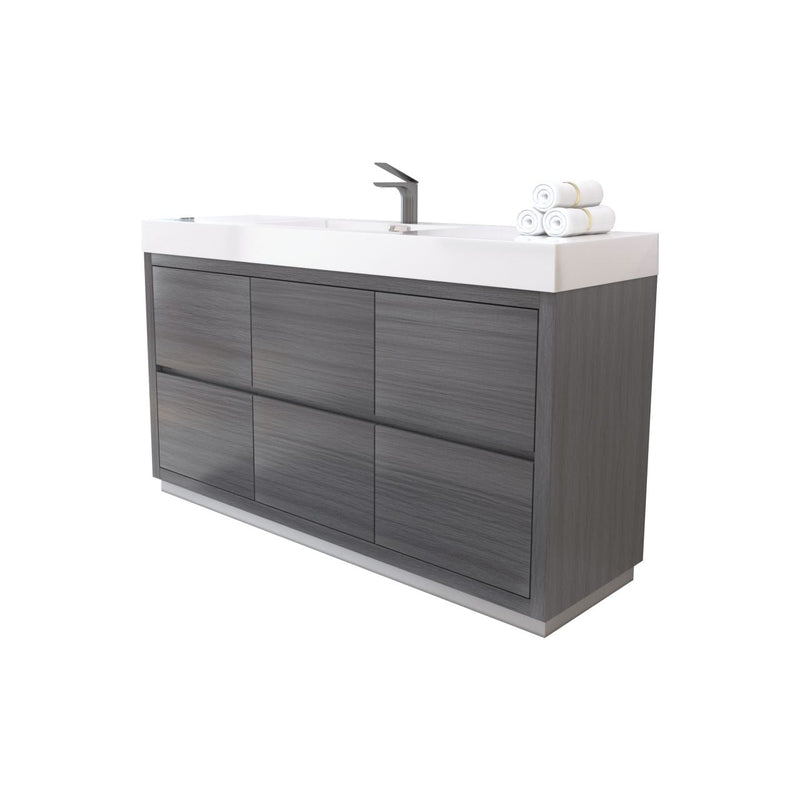 Kube Bath Bliss 60" Single Sink Vulcan Ash Grey Free Standing Modern Bathroom Vanity - FMB60S-VAG