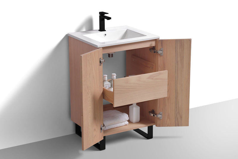 Kube Bath FIORE 24'' Floor Mount Mount Cabinet Oak Wood with Matte Black Legs - FSKSW24-OAKWOOD-BK