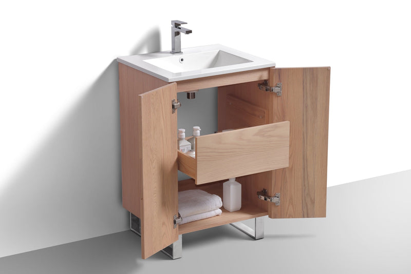 Kube Bath FIORE 24'' Floor Mount Mount Cabinet Oak Wood with Chrome Legs - FSKSW24-OAKWOOD-CH