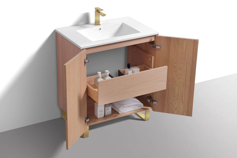 Kube Bath FIORE 32'' Floor Mount Cabinet Oak Wood with Brushed Gold Legs - FSKSW32-OAKWOOD-GOLD