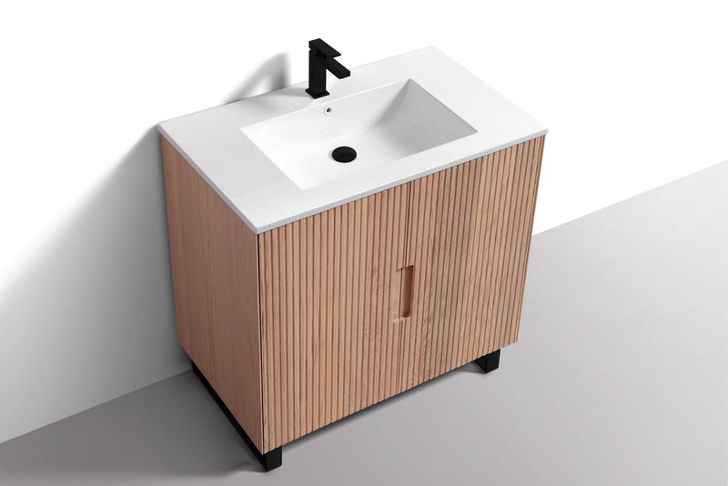 Kube Bath FIORE 36'' Floor Mount Cabinet Oak Wood with Matte Black Legs - FSKSW36-OAKWOOD-BK