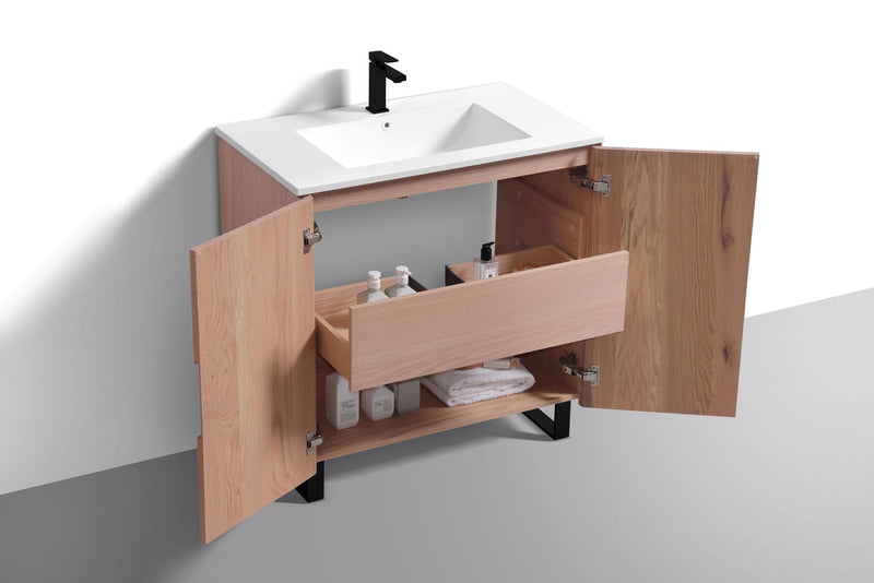 Kube Bath FIORE 36'' Floor Mount Cabinet Oak Wood with Matte Black Legs - FSKSW36-OAKWOOD-BK
