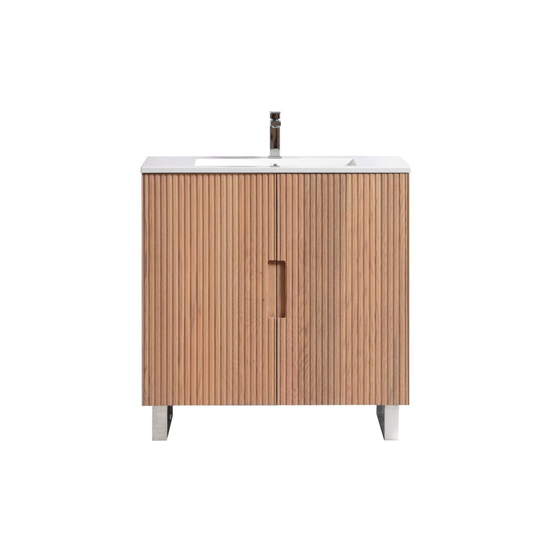 Kube Bath FIORE 36'' Floor Mount Cabinet Oak Wood with Chrome Legs - FSKSW36-OAKWOOD-CH