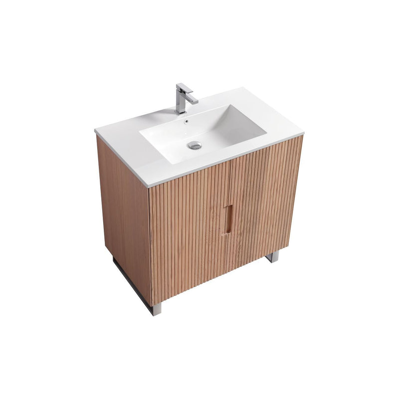 Kube Bath FIORE 36'' Floor Mount Cabinet Oak Wood with Chrome Legs - FSKSW36-OAKWOOD-CH