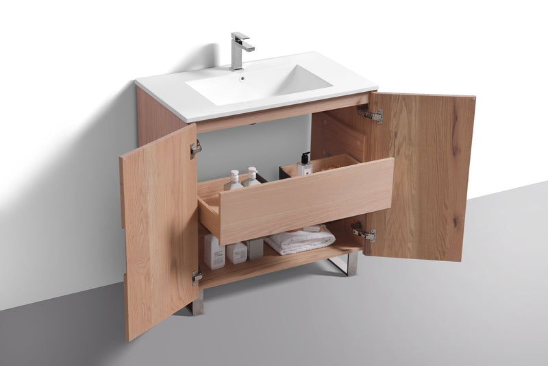Kube Bath FIORE 36'' Floor Mount Cabinet Oak Wood with Chrome Legs - FSKSW36-OAKWOOD-CH