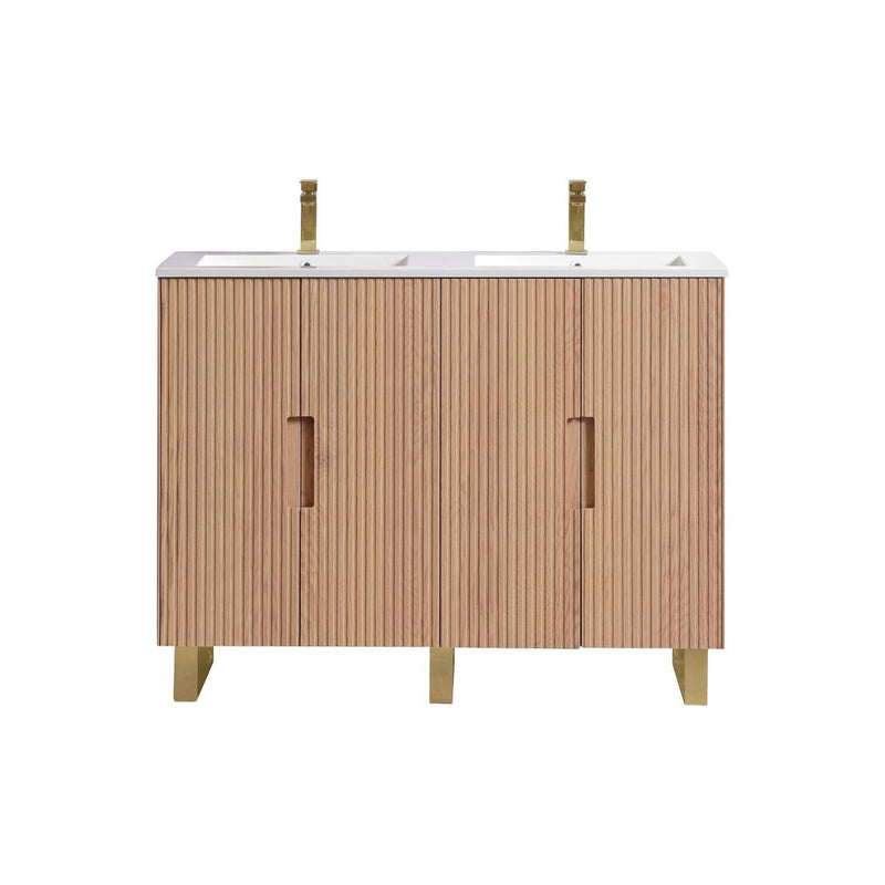Kube Bath FIORE 48'' Double Sink Floor Mount Cabinet Oak Wood with Brushed Gold Legs - FSKSW48D-OAKWOOD-GOLD