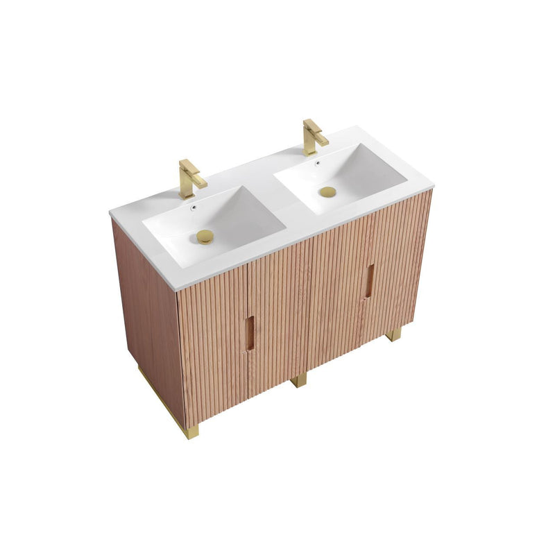 Kube Bath FIORE 48'' Double Sink Floor Mount Cabinet Oak Wood with Brushed Gold Legs - FSKSW48D-OAKWOOD-GOLD