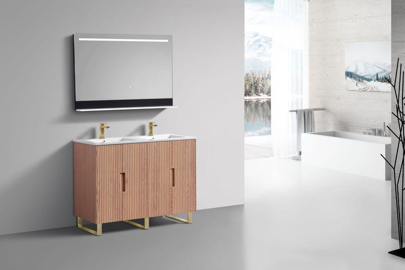 Kube Bath FIORE 48'' Double Sink Floor Mount Cabinet Oak Wood with Brushed Gold Legs - FSKSW48D-OAKWOOD-GOLD