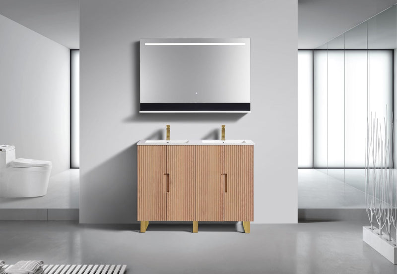 Kube Bath FIORE 48'' Double Sink Floor Mount Cabinet Oak Wood with Brushed Gold Legs - FSKSW48D-OAKWOOD-GOLD