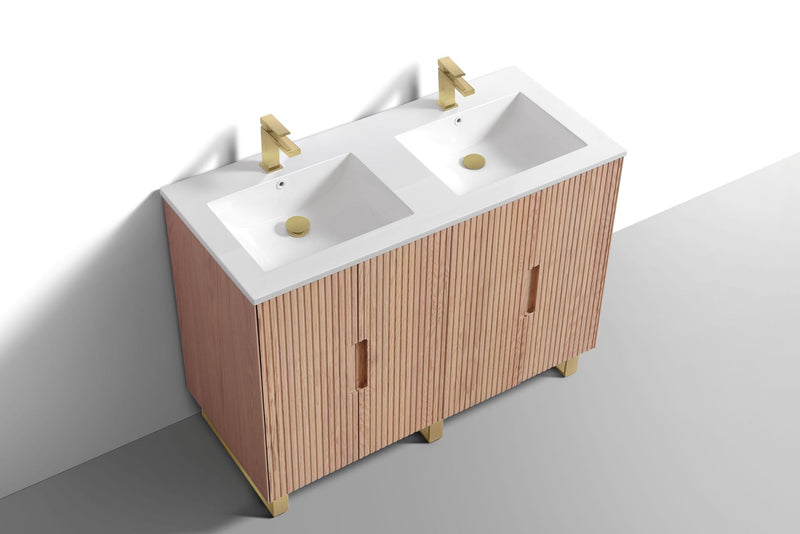 Kube Bath FIORE 48'' Double Sink Floor Mount Cabinet Oak Wood with Brushed Gold Legs - FSKSW48D-OAKWOOD-GOLD