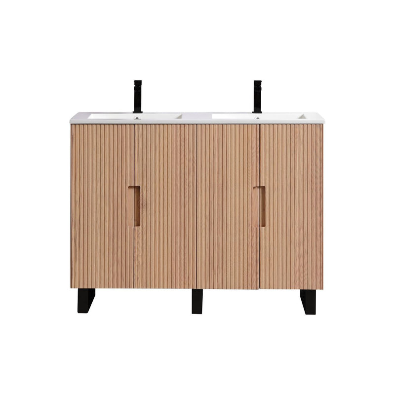 Kube Bath FIORE 48'' Double Sink Floor Mount Cabinet Oak Wood with Matte Black Legs - FSKSW48D-OAKWOOD-BK