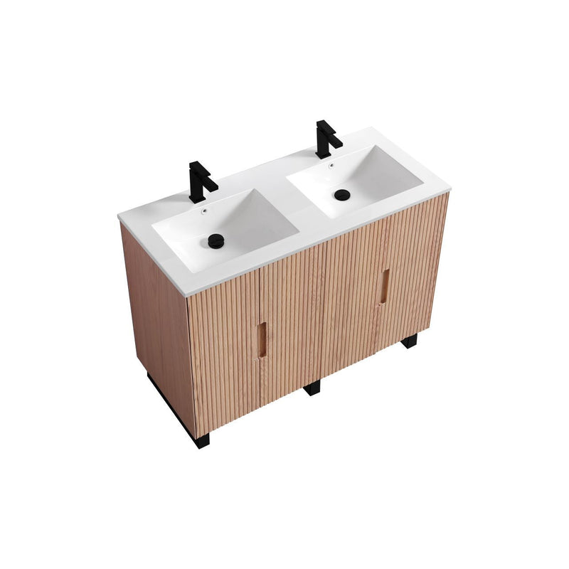 Kube Bath FIORE 48'' Double Sink Floor Mount Cabinet Oak Wood with Matte Black Legs - FSKSW48D-OAKWOOD-BK