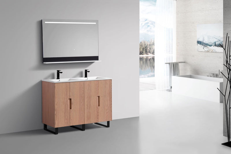 Kube Bath FIORE 48'' Double Sink Floor Mount Cabinet Oak Wood with Matte Black Legs - FSKSW48D-OAKWOOD-BK