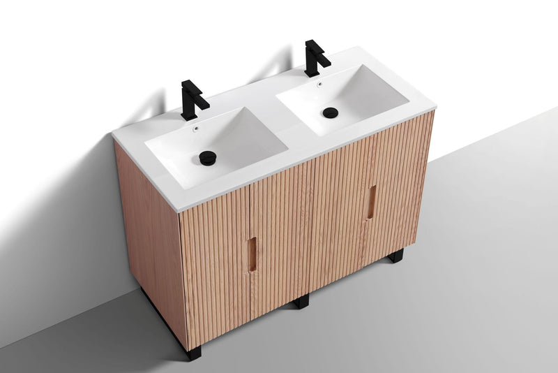 Kube Bath FIORE 48'' Double Sink Floor Mount Cabinet Oak Wood with Matte Black Legs - FSKSW48D-OAKWOOD-BK