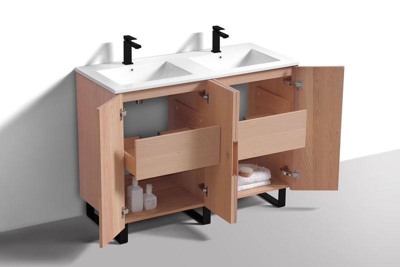Kube Bath FIORE 48'' Double Sink Floor Mount Cabinet Oak Wood with Matte Black Legs - FSKSW48D-OAKWOOD-BK