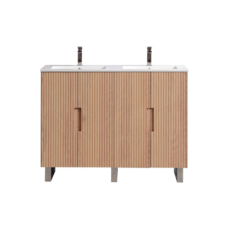 Kube Bath FIORE 48'' Double Sink Floor Mount Cabinet Oak Wood with Chrome Legs - FSKSW48D-OAKWOOD-CH