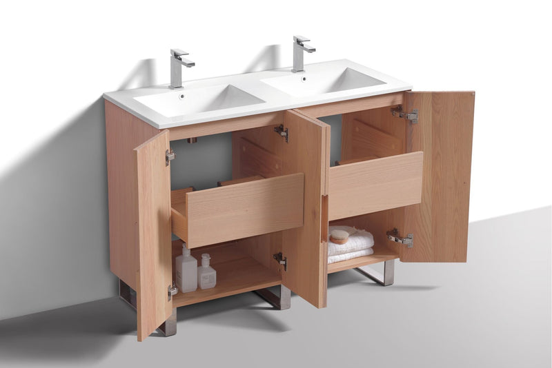 Kube Bath FIORE 48'' Double Sink Floor Mount Cabinet Oak Wood with Chrome Legs - FSKSW48D-OAKWOOD-CH