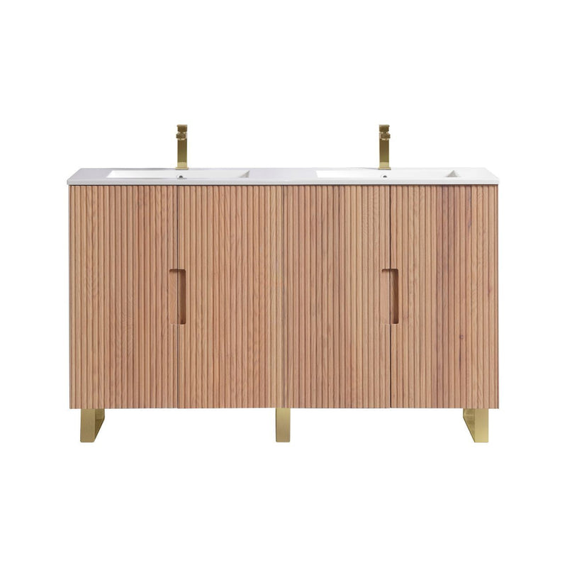 Kube Bath FIORE 60'' Double Sink Floor Mount Cabinet Oak Wood with Brushed Gold Legs - FSKSW60D-OAKWOOD-GOLD