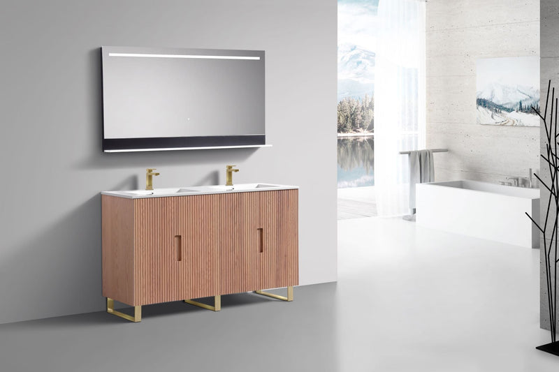 Kube Bath FIORE 60'' Double Sink Floor Mount Cabinet Oak Wood with Brushed Gold Legs - FSKSW60D-OAKWOOD-GOLD