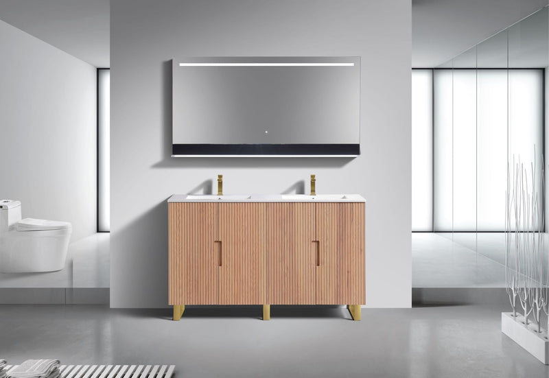 Kube Bath FIORE 60'' Double Sink Floor Mount Cabinet Oak Wood with Brushed Gold Legs - FSKSW60D-OAKWOOD-GOLD