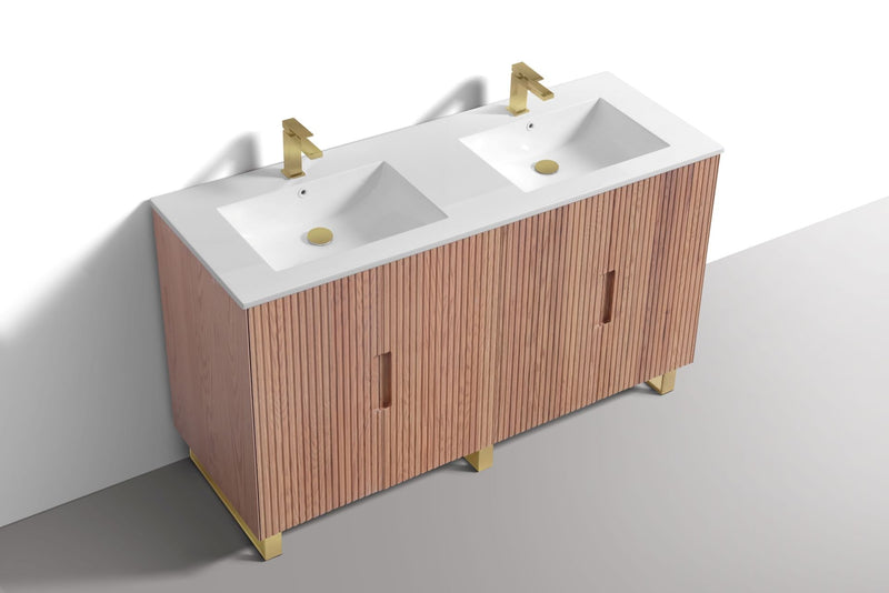 Kube Bath FIORE 60'' Double Sink Floor Mount Cabinet Oak Wood with Brushed Gold Legs - FSKSW60D-OAKWOOD-GOLD