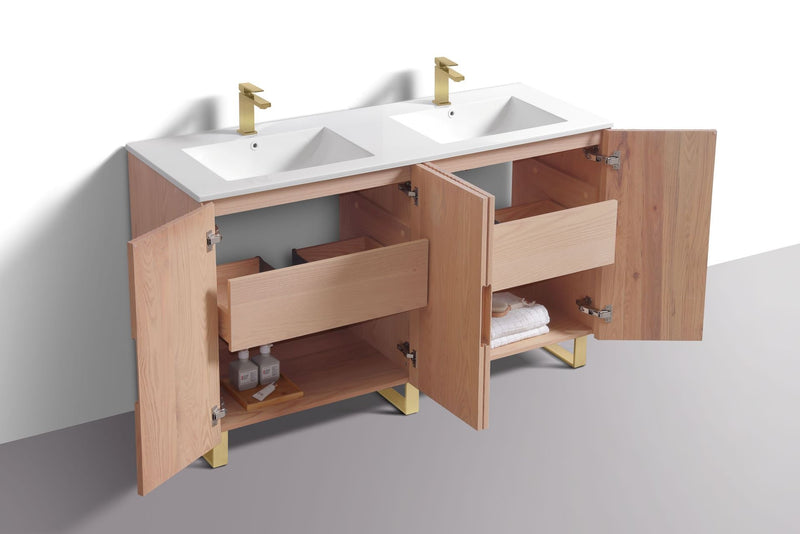 Kube Bath FIORE 60'' Double Sink Floor Mount Cabinet Oak Wood with Brushed Gold Legs - FSKSW60D-OAKWOOD-GOLD