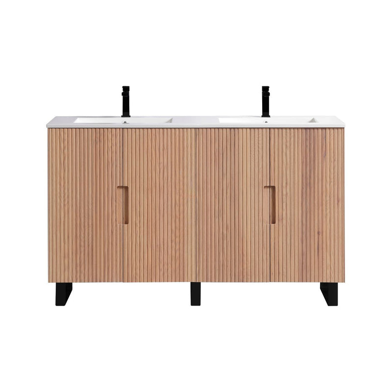 Kube Bath FIORE 60'' Double Sink Floor Mount Cabinet Oak Wood with Matte Black Legs - FSKSW60D-OAKWOOD-BK