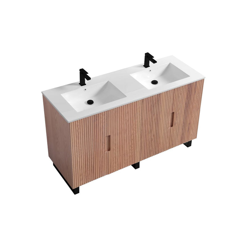 Kube Bath FIORE 60'' Double Sink Floor Mount Cabinet Oak Wood with Matte Black Legs - FSKSW60D-OAKWOOD-BK