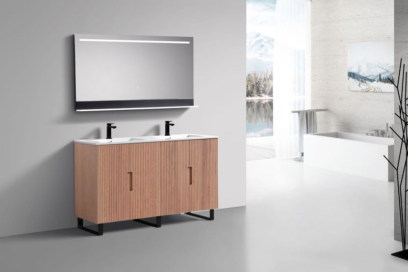 Kube Bath FIORE 60'' Double Sink Floor Mount Cabinet Oak Wood with Matte Black Legs - FSKSW60D-OAKWOOD-BK