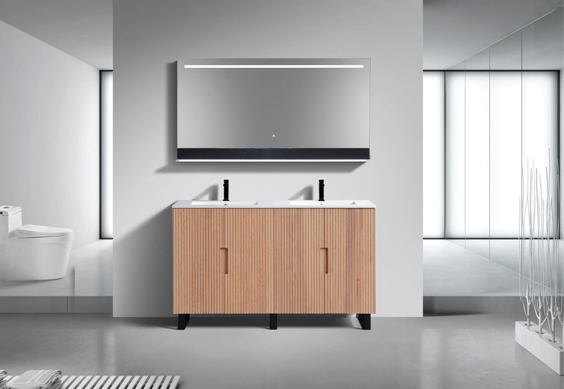 Kube Bath FIORE 60'' Double Sink Floor Mount Cabinet Oak Wood with Matte Black Legs - FSKSW60D-OAKWOOD-BK