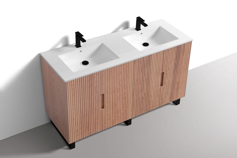 Kube Bath FIORE 60'' Double Sink Floor Mount Cabinet Oak Wood with Matte Black Legs - FSKSW60D-OAKWOOD-BK