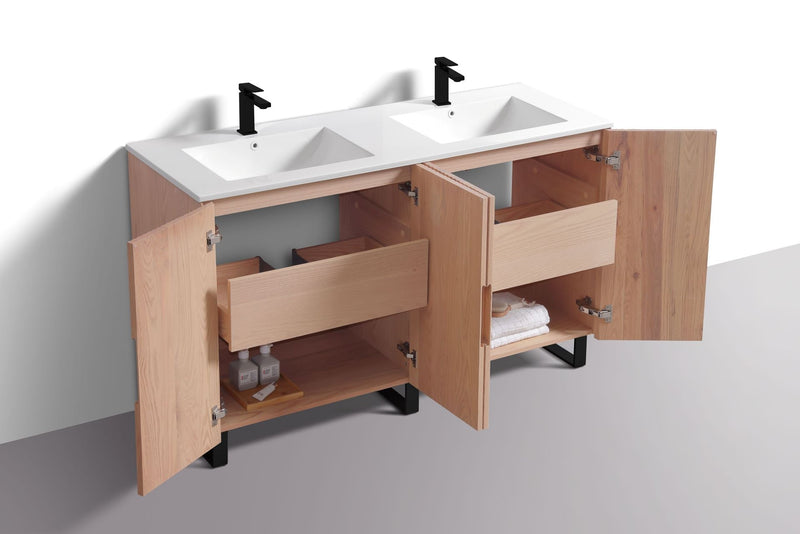 Kube Bath FIORE 60'' Double Sink Floor Mount Cabinet Oak Wood with Matte Black Legs - FSKSW60D-OAKWOOD-BK