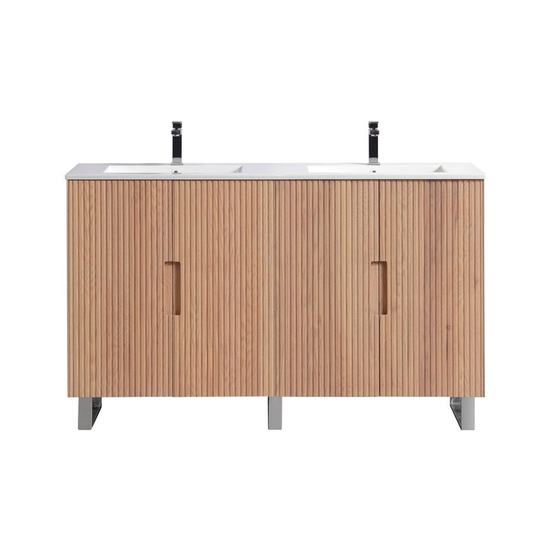 Kube Bath FIORE 60'' Double Sink Floor Mount Cabinet Oak Wood with Chrome Legs - FSKSW60D-OAKWOOD-CH