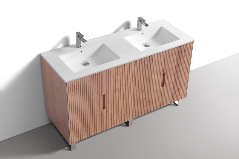 Kube Bath FIORE 60'' Double Sink Floor Mount Cabinet Oak Wood with Chrome Legs - FSKSW60D-OAKWOOD-CH