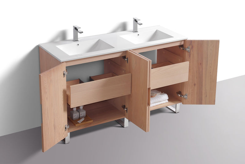 Kube Bath FIORE 60'' Double Sink Floor Mount Cabinet Oak Wood with Chrome Legs - FSKSW60D-OAKWOOD-CH
