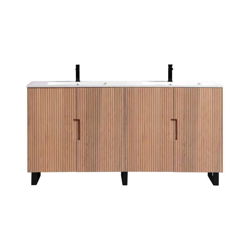 Kube Bath FIORE 72'' Double Sink Floor Mount Cabinet Oak Wood with Matte Black Legs - FSKSW72-OAKWOOD-BK