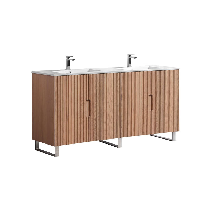 Kube Bath FIORE 72'' Double Sink Floor Mount Cabinet Oak Wood with Chrome Legs - FSKSW72D-OAKWOOD-CH