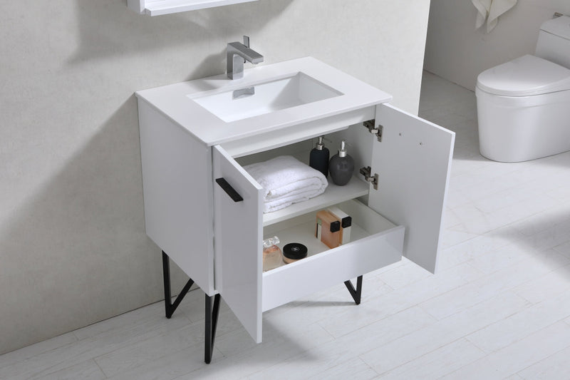 Kube Bath Bosco 30" Gloss White Modern Bathroom Vanity w/ Quartz Countertop - KB30GW