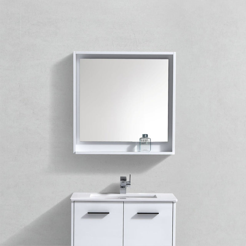 KubeBath Bosco 30" Framed Rectangle Bathroom Mirror With Shelve Gloss White Finish - KB30GW-M