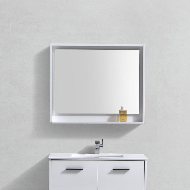 KubeBath Bosco 36" Framed Rectangle Bathroom Mirror With Shelve Gloss White Finish - KB36GW-M