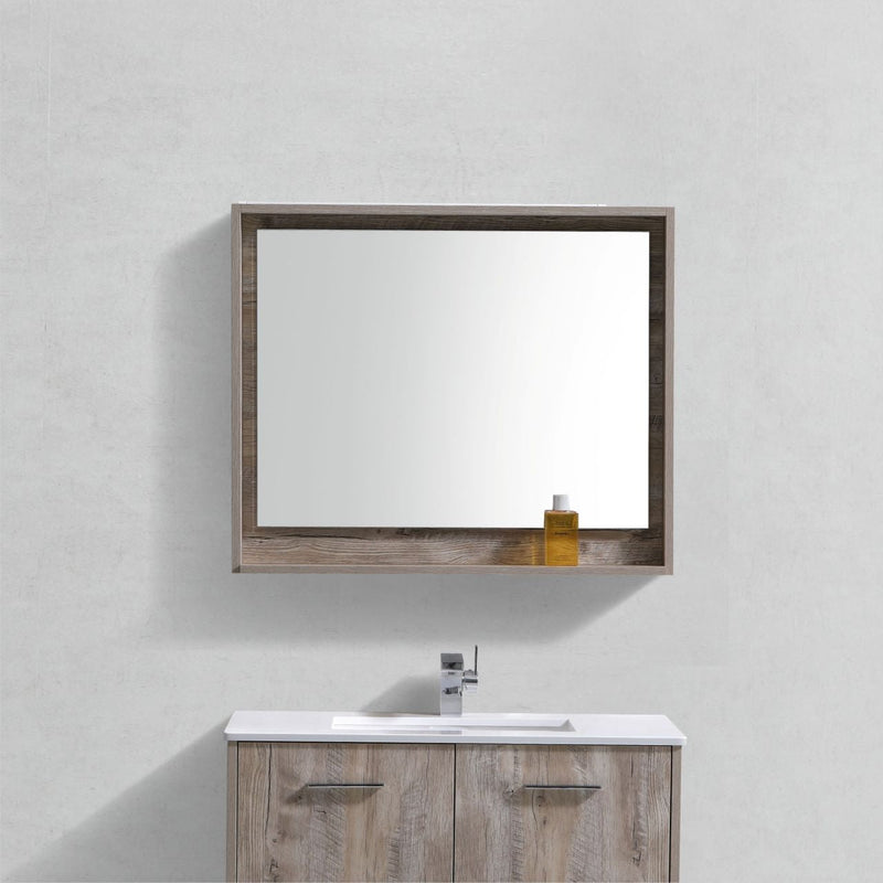 KubeBath Bosco 36" Framed Rectangle Bathroom Mirror With Shelve Nature Wood Finish - KB36NW-M