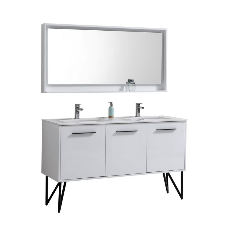 Kube Bath Bosco 60" Gloss White Double Sink Modern Bathroom Vanity w/ Quartz Countertop - KB60DGW