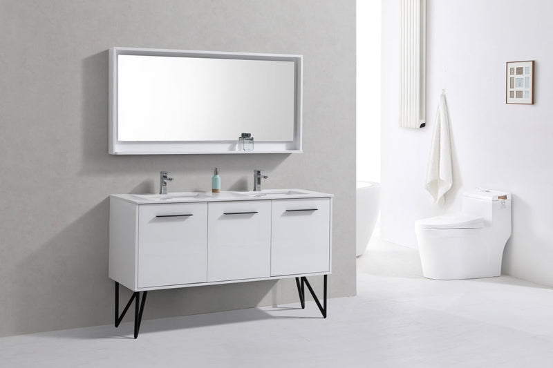 Kube Bath Bosco 60" Gloss White Double Sink Modern Bathroom Vanity w/ Quartz Countertop - KB60DGW