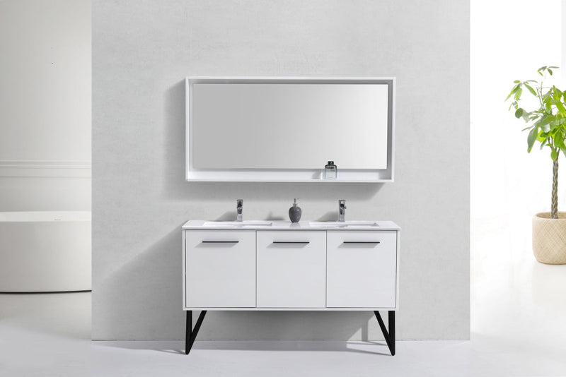 Kube Bath Bosco 60" Gloss White Double Sink Modern Bathroom Vanity w/ Quartz Countertop - KB60DGW