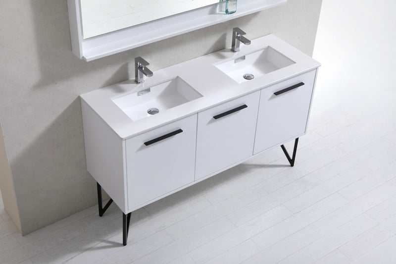 Kube Bath Bosco 60" Gloss White Double Sink Modern Bathroom Vanity w/ Quartz Countertop - KB60DGW