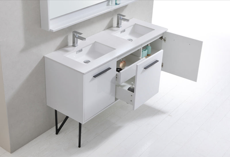 Kube Bath Bosco 60" Gloss White Double Sink Modern Bathroom Vanity w/ Quartz Countertop - KB60DGW