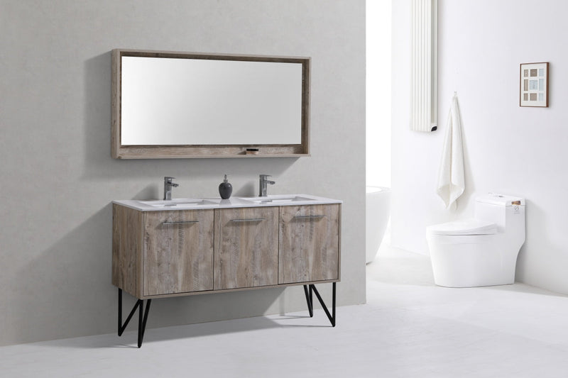 Kube Bath Bosco 60" Naturewood Double Sink Modern Bathroom Vanity w/ Quartz Countertop - KB60DNW